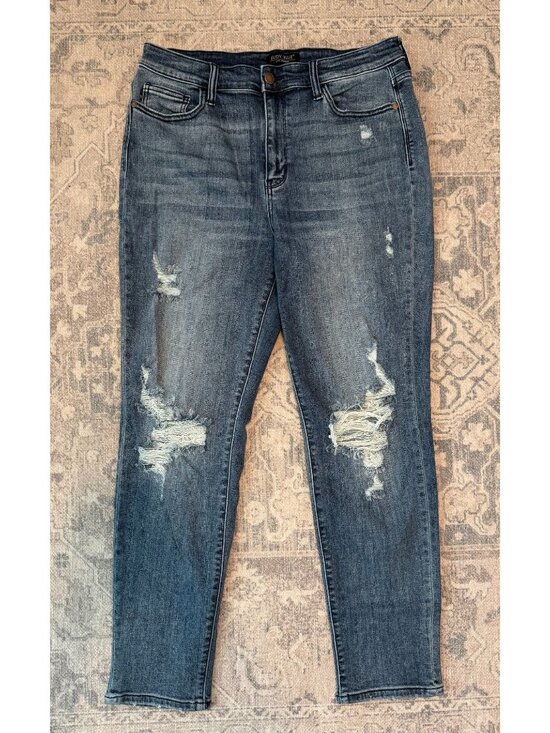 Judy Blue Denim - Judy Blue Boyfriend Fit Medium Wash Distressed High Rise Jeans 31 Stretch Boho